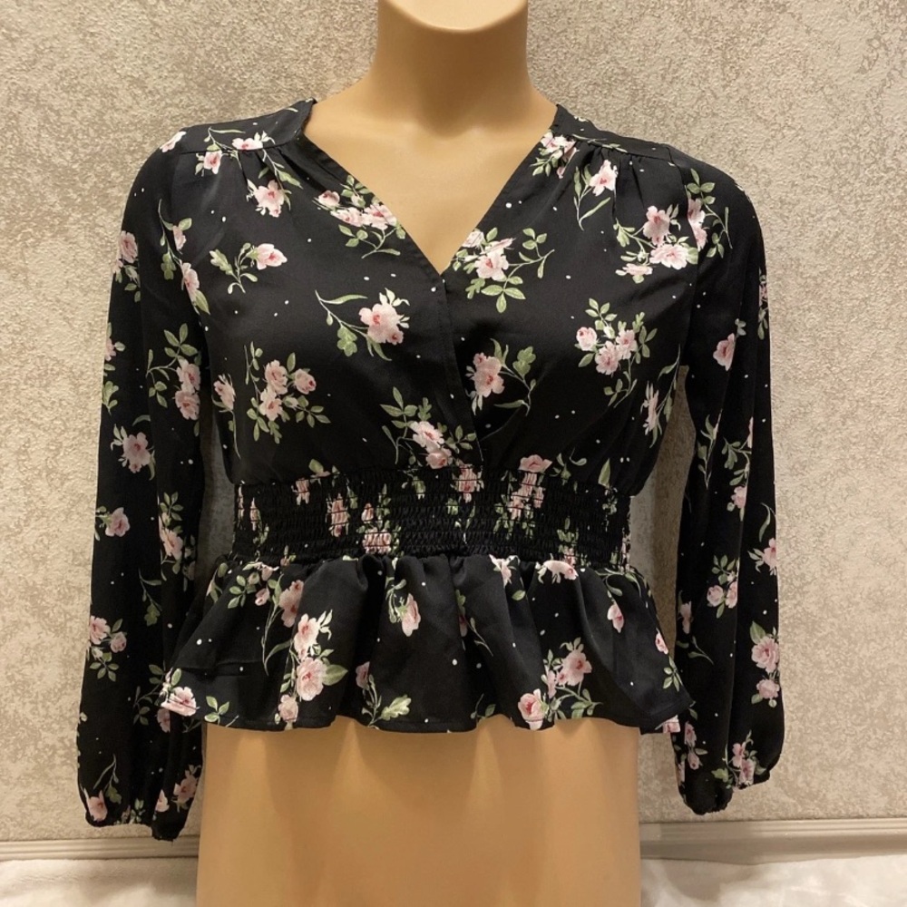 Gypsies & Moondust Black and Pink Floral Peplum Blouse